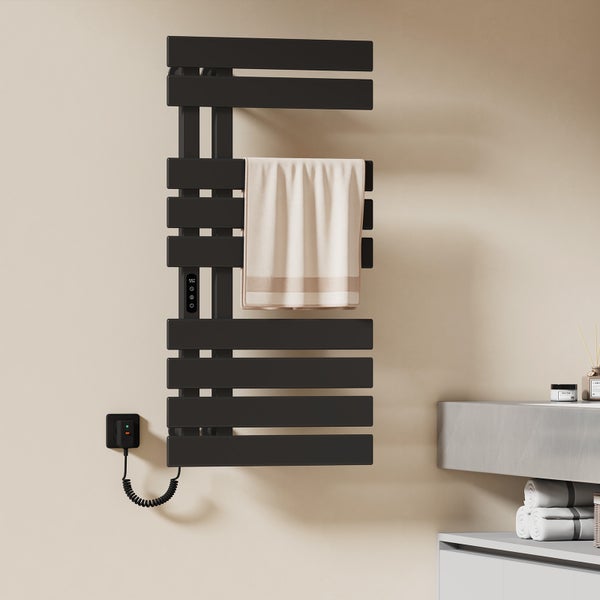 EMKE Elektrischer Badheizkörper 100x50 cm, Design-Handtuchheizkörper mit LCD-Display, Thermostat, Timer, Temperaturregelung, WiFi & App-Steuerung, 600W, Flachheizkörper für Bad, Schwarz, Linksanschluss