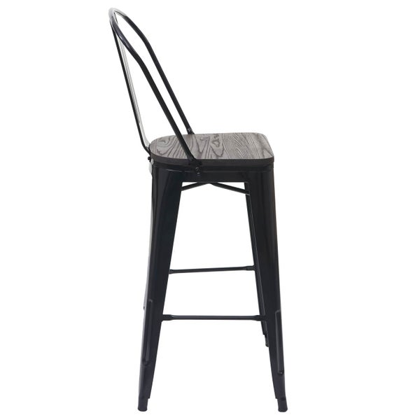 Barhocker aus Metall mit Holzsitz, Seitenansicht