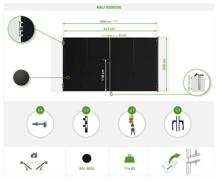 Nali 350B200 Gartentor Bausatz mit Maßen und Zubehörteilen dargestellt