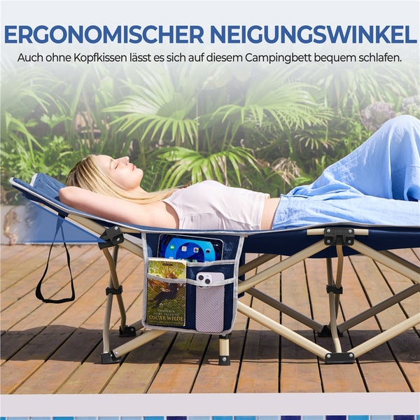 Campingliege mit Seitentaschen und einer Frau, die darauf liegt