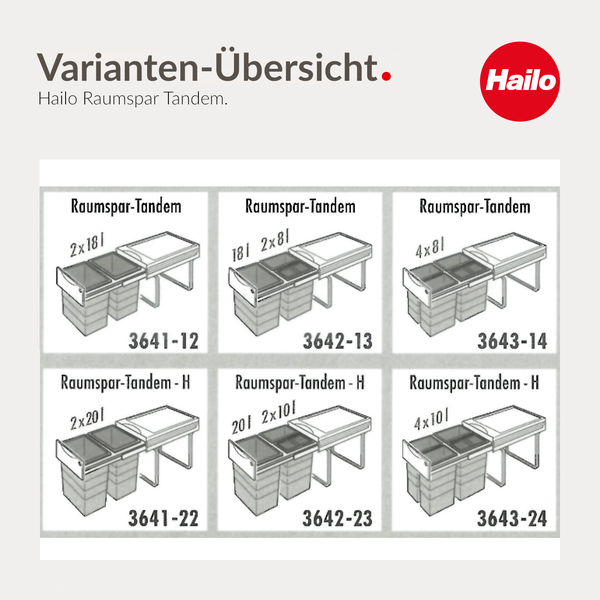 Übersicht der Hailo Raumspar Tandem Varianten für Abfalltrennsysteme mit verschiedenen Behälterkonfigurationen zwischen 8 und 20 Liter. Hailo Logo.