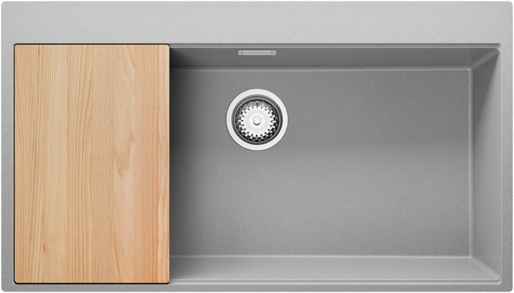PRIMAGRAN Spülbecken Grau 88x50cm, Granitspüle 1 Becken + Ablauf-Set + Schneidebrett, Küchenspüle ab 90er Unterschrank - Oslo