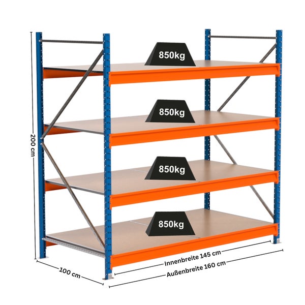Schwerlastregal mit vier Ebenen und Maßangaben
