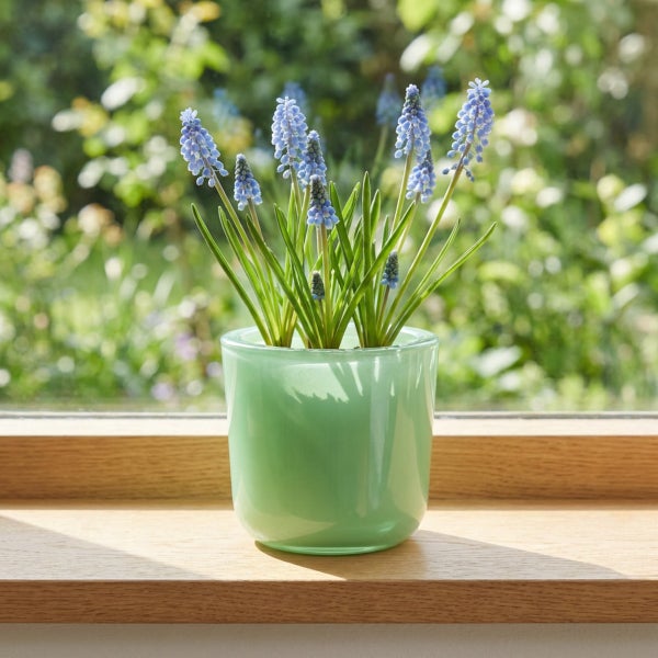 Blühende Traubenhyazinthen in einem runden Glasübertopf auf einer hölzernen Fensterbank vor einer Gartenkulisse.
