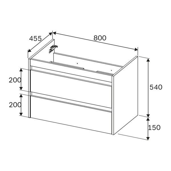 Technische Zeichnung eines Waschbeckenunterschranks mit Maßen.