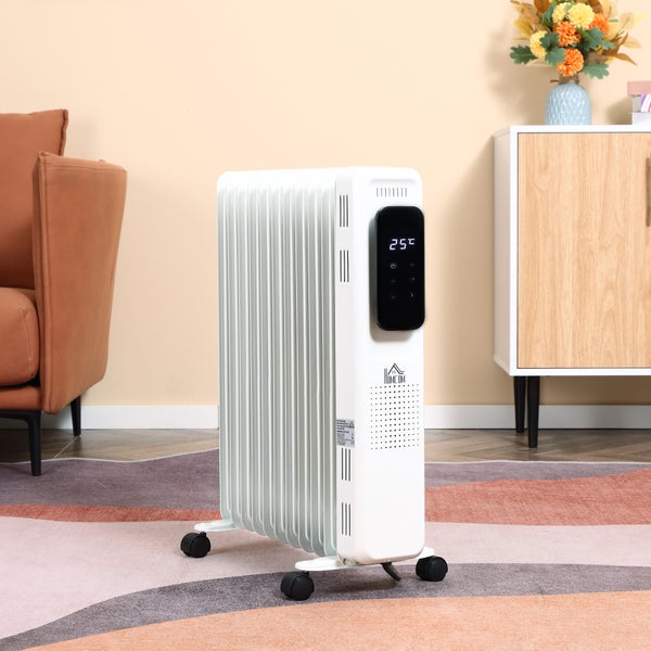 HOMCOM Ölradiator tragbar elektrisch Heizkörper 2500W 3 Heizstufen 24-Stunden-Timing elektrische Heizung 11 Heizplatten mit 4 Rollen Weiß Stahl 50,5 x 24 x 63 cm