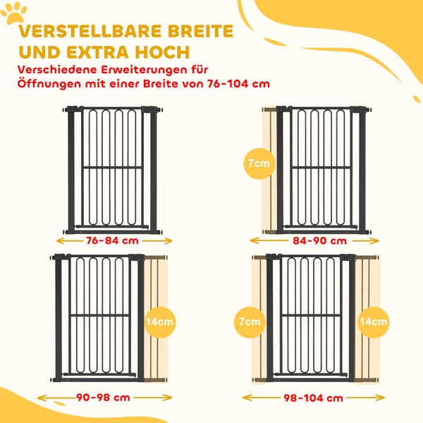 Verschiedene Einstellungen des Türschutzgitters für Öffnungen von 76 bis 104 Zentimeter Breite
