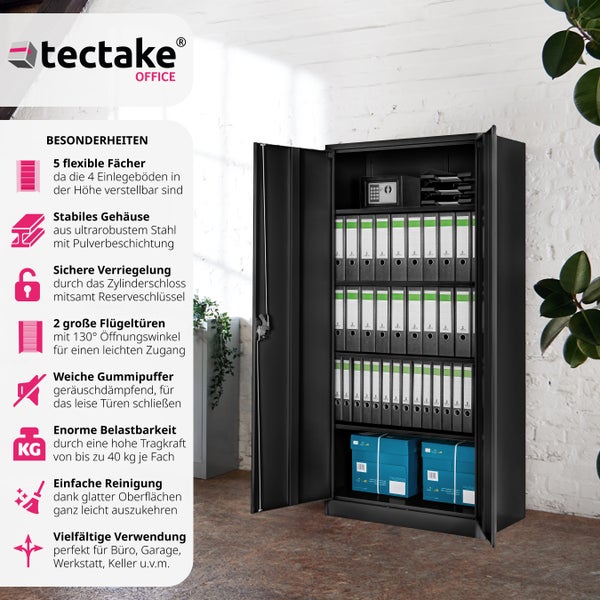 Aktenschrank tectake Blain 180 x 80 x 40 cm aus pulverbeschichtetem Stahl schwarz