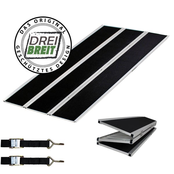 Silberne dreiteilige faltbare Auffahrrampe aus Aluminium mit schwarzer rutschhemmender Oberfläche, zwei Spanngurten und Drei Breit Logo.