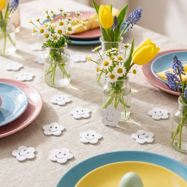 Verpackung mit Dekorstreuteilen in Form von Blumen mit Gesicht