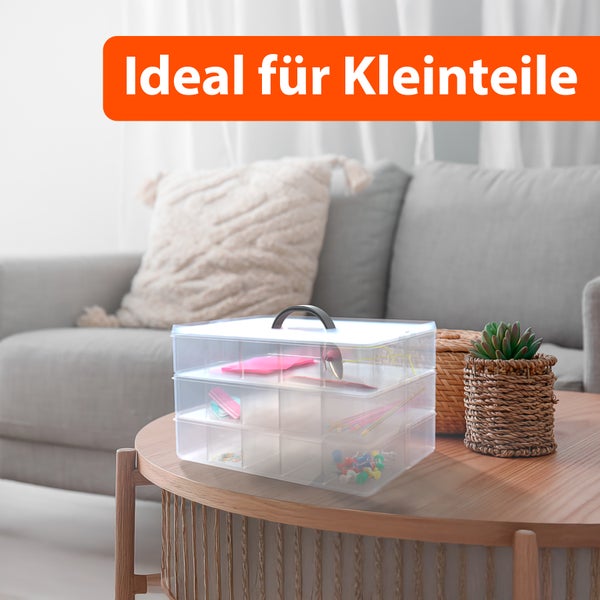BigDean Sortierbox Aufbewahrung mit Griff, Transparent, 24 x 18,5 x 16 cm, 3 Etagen m. 21 Fächern,für Spielzeug,Büro-Utensilien,Bastel-Material,Kleinteile