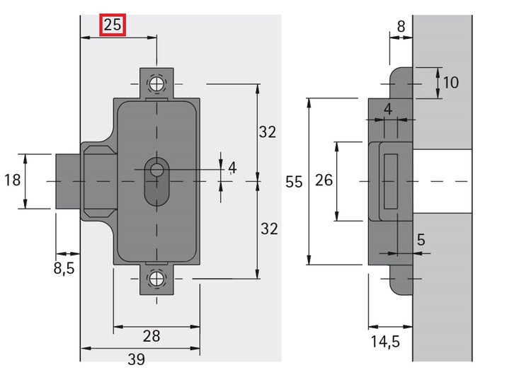 Technische Zeichnung eines Möbelscharniers mit Maßangaben