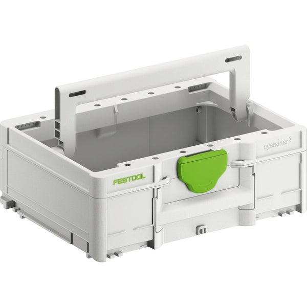 Offener Festool Systainer in Lichtgrau mit grünem Bedienelement und Tragegriff zur Werkzeugaufbewahrung.