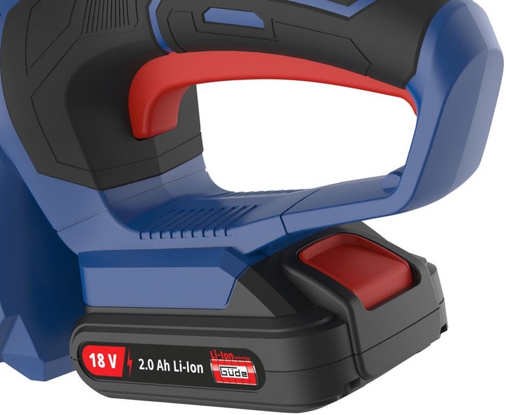 Güde Akku 18 Volt 2,0 Amperestunden Lithium-Ionen an einem blauen Elektrowerkzeug mit rotem Schalter.