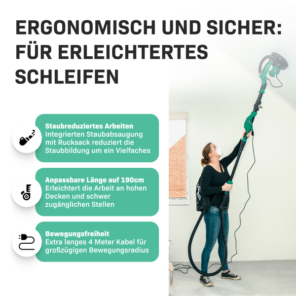 VONROC Trockenbauschleifer 1050W - Wand und Deckenschleifer 225mm, Giraffe mit Absaugung, Trockenbau Schleifmaschine Set inkl. 6 Schleifpapier