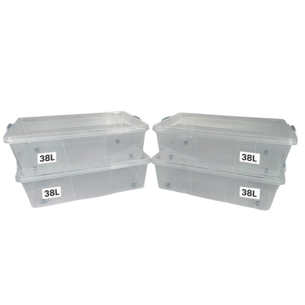 Vier transparente Aufbewahrungsboxen mit Deckel, je 38 Liter Fassungsvermögen