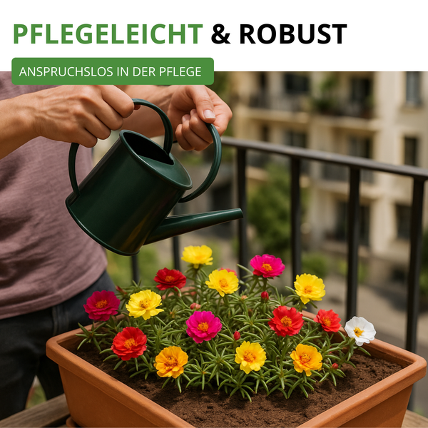 Person bewässert pflegeleichte und robuste Portulakröschen in einem Balkonkasten mit einer Gießkanne.