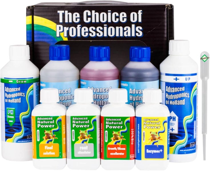 Advanced Hydroponics of Holland Dünger-Set bestehend aus verschiedenen Nährstofflösungen, Zusätzen, einer Pipette und einer Tragetasche.