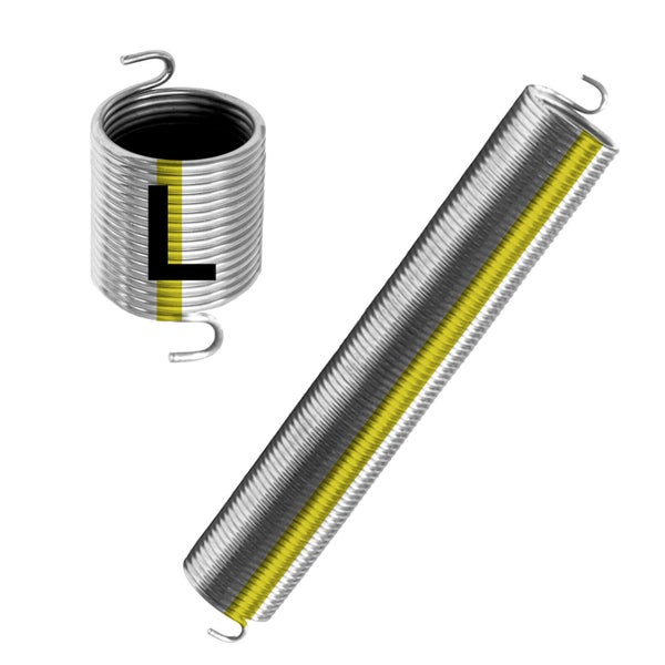 Zwei metallene Zugfedern mit Hakenenden, eine kurz und eine lang, zur Befestigung an Garagentoren.