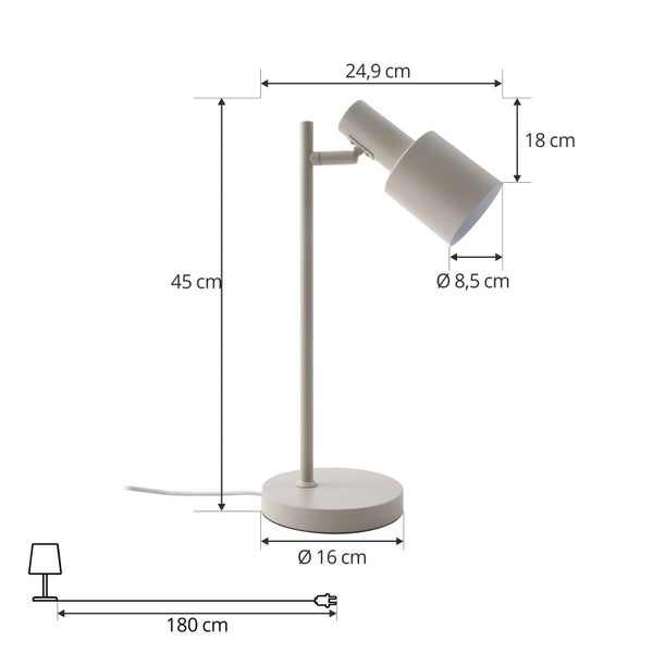 Beige Tischleuchte: Höhe 45 Zentimeter, Breite 24,9 Zentimeter, Schirm Durchmesser 8,5 Zentimeter, Fuß Durchmesser 16 Zentimeter, Kabel 180 Zentimeter.
