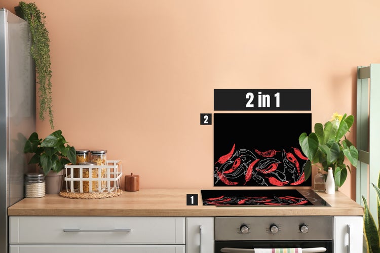 Herdblende-/Abdeckplatte Abdeckplatte Herd - Acrylglas Chilli Schoten Rot Schwarz | Spritzschutz | Küchenrückwand |  Lokal produziert Camping | COV00054 | 80cm x 52cm x 0.4cm