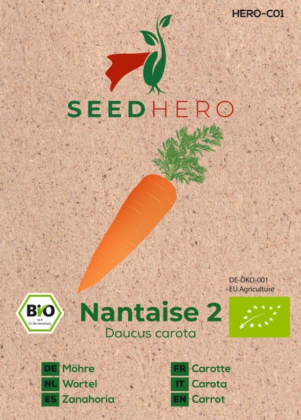 SeedHero Logo, Samentüte für Möhren Nantaise 2, Daucus carota, mit Bio-Siegel und biologischem Logo der Europäischen Union.