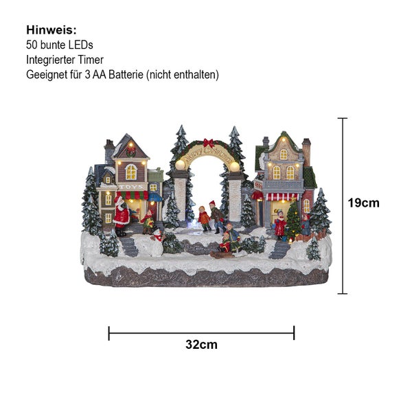 Dekorative Winterlandschaft mit Häusern und Figuren, beleuchtet mit 50 LEDs und Timer, 32 mal 19 Zentimeter