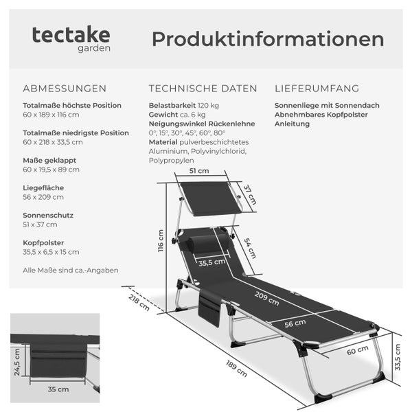 Sonnenliege tectake Aurelie 218 x 60 x 33,5 cm, inkl. Seitentasche  klappbar, mit Kopfkissen schwarz
