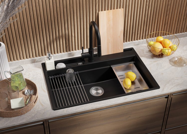 PRIMAGRAN Granitspüle Schwarz 78x53cm, Spülbecken 1 Becken + Küchenarmatur 40x38cm + Ablauf-Set + Küchenzubehörset, Küchenspüle ab 80er Unterschrank - Oslo Pocket