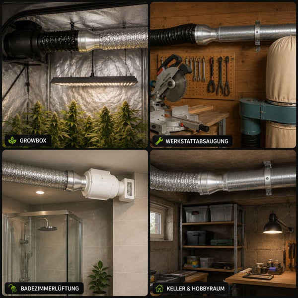 Collage zeigt Lüftungssysteme in einer Growbox, bei einer Werkstattabsaugung, einer Badezimmerlüftung sowie in einem Keller und Hobbyraum.