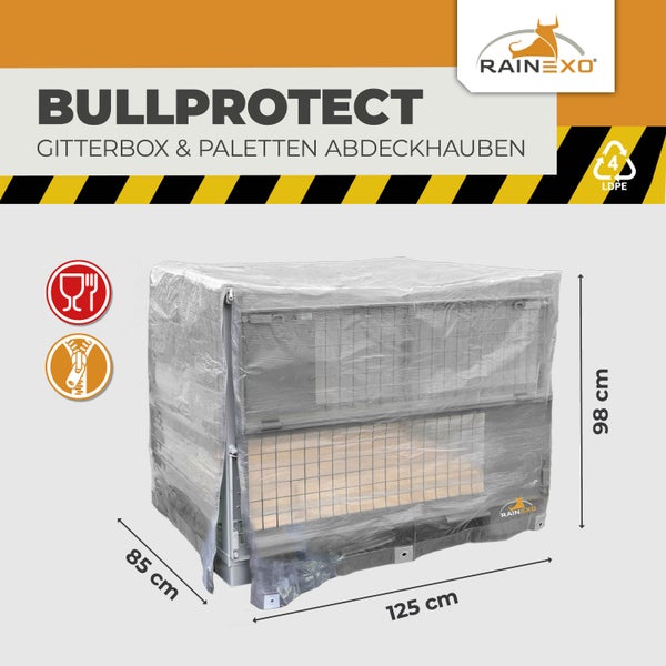Rainexo Bullprotect Gitterbox-Abdeckhaube, Polyethylen, 125 mal 85 mal 98 Zentimeter, lebensmittelecht, mit Reißverschluss. Rainexo Logo.