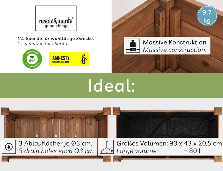 needs&wants® Hochbeet aus Holz für Garten Balkon Terrasse, Pflanzkasten Bausatz rechteckig schmal mit Vlies-Folie, Kräuterbeet Pflanzenkasten deko, 100 x 50 x 75 cm, dunkel-braun
