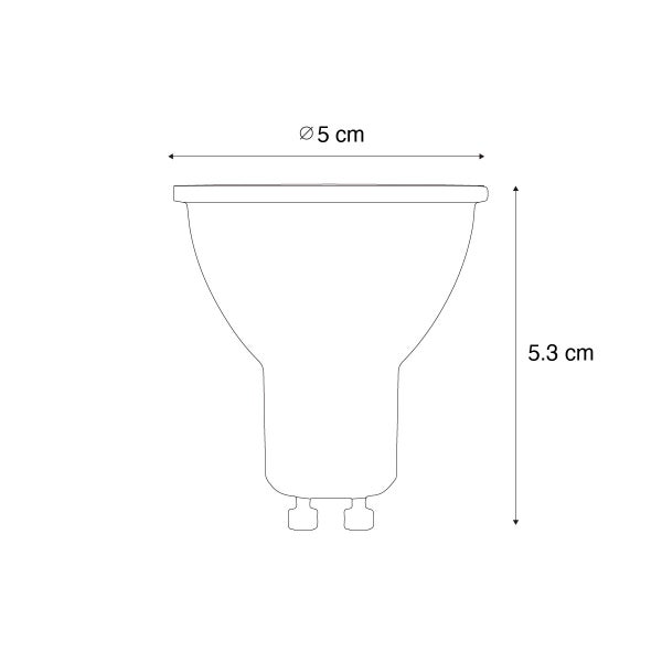 Maßzeichnung eines Leuchtmittels mit einem Durchmesser von 5 Zentimetern und einer Höhe von 5,3 Zentimetern.