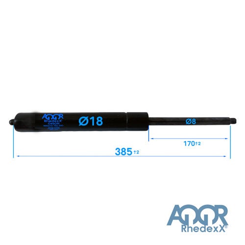 Schwarze Rhedexx Gasdruckfeder, Länge 385 Millimeter, Hub 170 Millimeter, Zylinder 18 Millimeter, Kolbenstange 8 Millimeter. Rhedexx Logo.