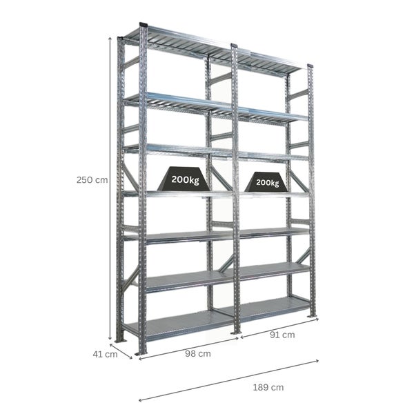 Metallregal mit den Maßen 250 cm Höhe, 189 cm Breite und 41 cm Tiefe