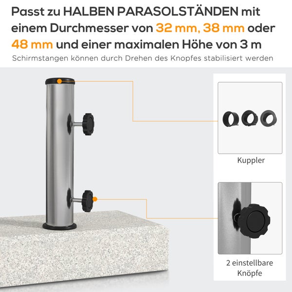 Outsunny Sonnenschirmständer 25kg Ständer für Halbrund Sonnenschirm mit Ø 32/38/48 mm Stange, Sonnenschirmfuß für Garten, Balkon, Granit, Grau 45 x 22,5 x 40 cm