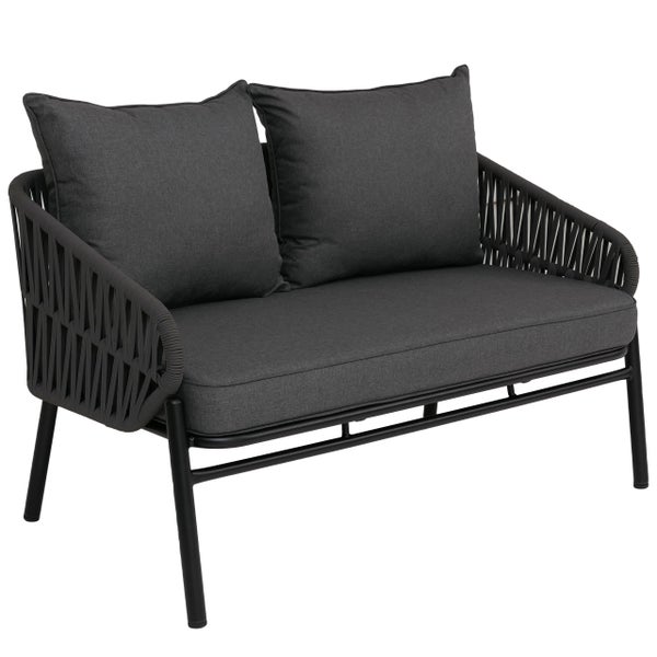 Zweisitzer Gartensofa mit Metallgestell und Seilgeflecht inklusive Sitz- und Rückenkissen.