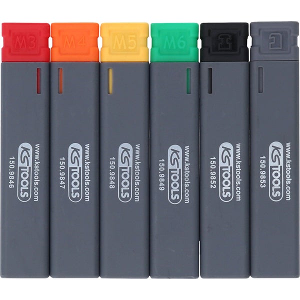 Sechs KS Tools Gewindebohrer in einer Reihe