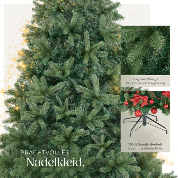 Künstlicher Weihnachtsbaum mit biegsamen Zweigen und stabilem Metallständer für hohe Standsicherheit.