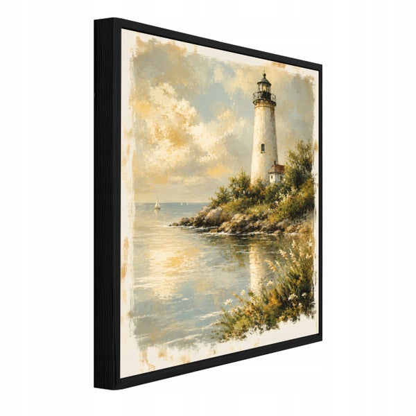 Gerahmtes Wandbild mit Leuchtturm Motiv in einer Küstenlandschaft mit Segelbooten im Wasser.
