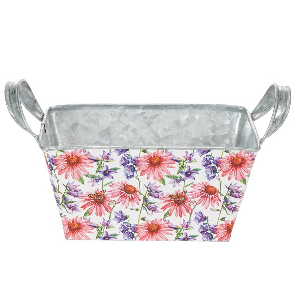 Rechteckiger Zink-Blumenkasten mit seitlichen Henkeln und buntem Blumendekor mit Echinacea und Schmetterlingen.