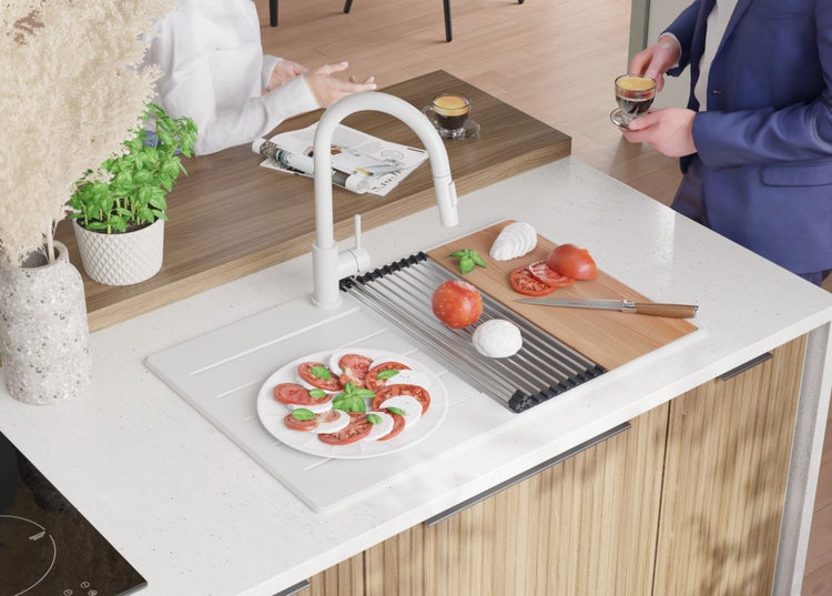 PRIMAGRAN Granitspüle Alles Weiß 78x50cm, Spülbecken 1 Becken + Küchenarmatur 32x20cm + Ablauf-Set + Schneidebrett, Küchenspüle ab 50er Unterschrank - Kopenhagen