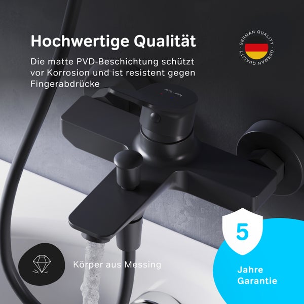 Schwarze Badarmatur mit fünf Jahren Garantie und Qualitätsiegel