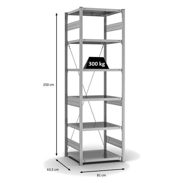 PROREGAL Fachbodenregal Stecksystem T-Profil Heavy-Duty Grundregal HxBxT 250 x 75 x 60 cm 6 Ebenen Fachlast 300 kg Einseitig Nutzbar Verzinkt