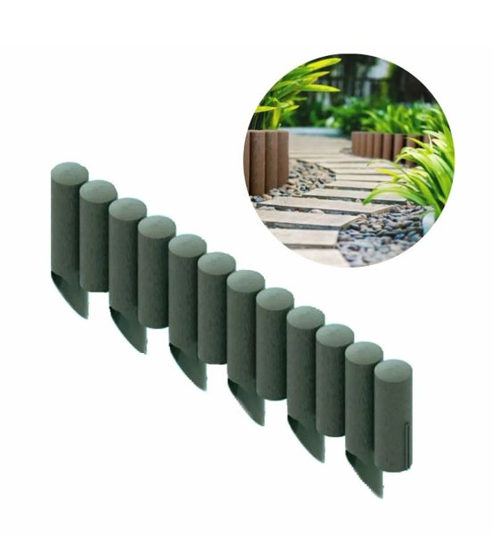 Flexible Rasenkante aus Kunststoff in Holzoptik mit Erdspießen zur Beetumrandung sowie Beispielbild einer Anwendung an einem Gartenweg.
