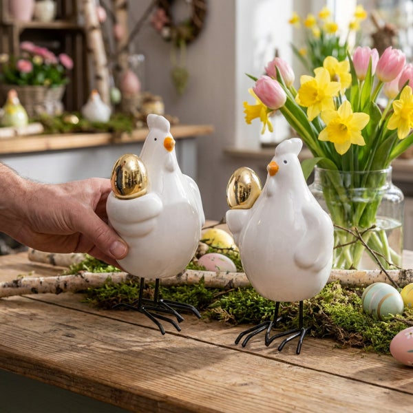 Zwei dekorative Hühnerfiguren aus Keramik mit goldenem Osterei in einer frühlingshaften Tischdekoration.