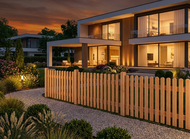 Szene mit einem modernen Haus mit Garten, Kiesweg und Holzzaun.