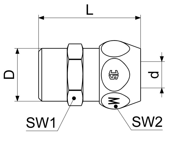 Technische Zeichnung einer Verschraubung mit Maßangaben D, d, L und Schlüsselweiten SW1 und SW2.