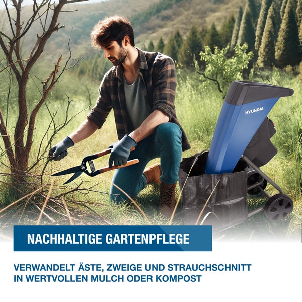 HYUNDAI Elektro-Gartenhäcksler GH25040E (2.500W, 40 mm Aststärke, Fangsack, Messerhäcksler)
