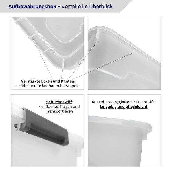 Detailansicht einer Aufbewahrungsbox aus robustem Kunststoff mit verstärkten Ecken, seitlichen Griffen und glatter Oberfläche.